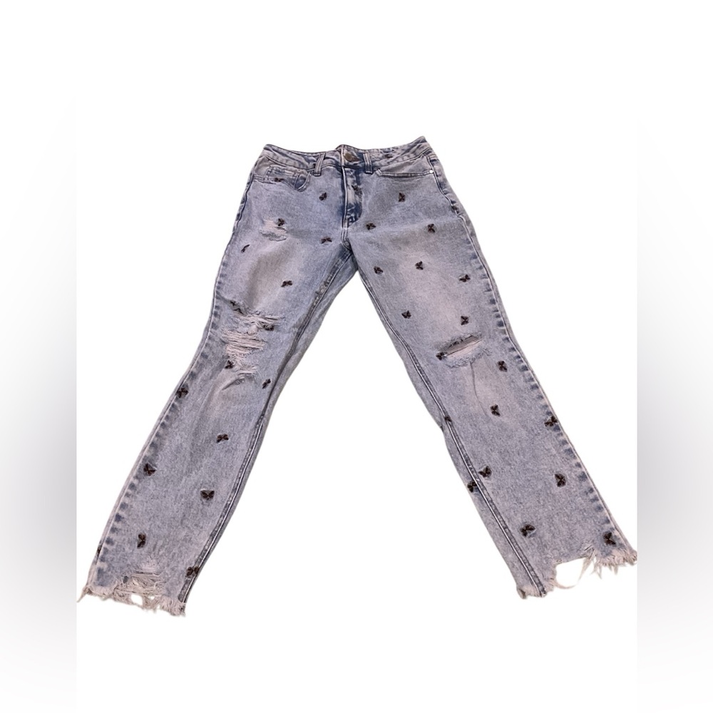 Material Girl Light Blue Straight Leg Jeans with Butterflys Distressed Size 5